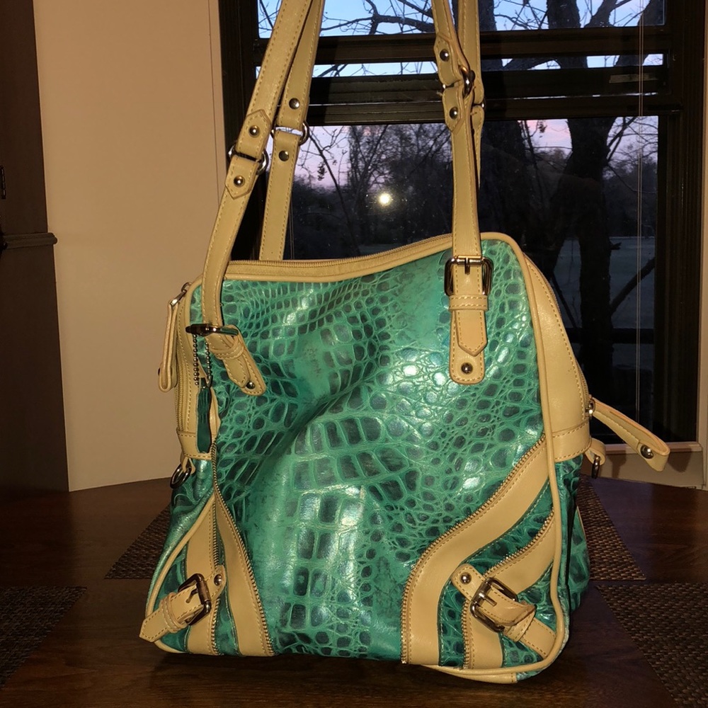 MC turquoise faux snakeskin handbag